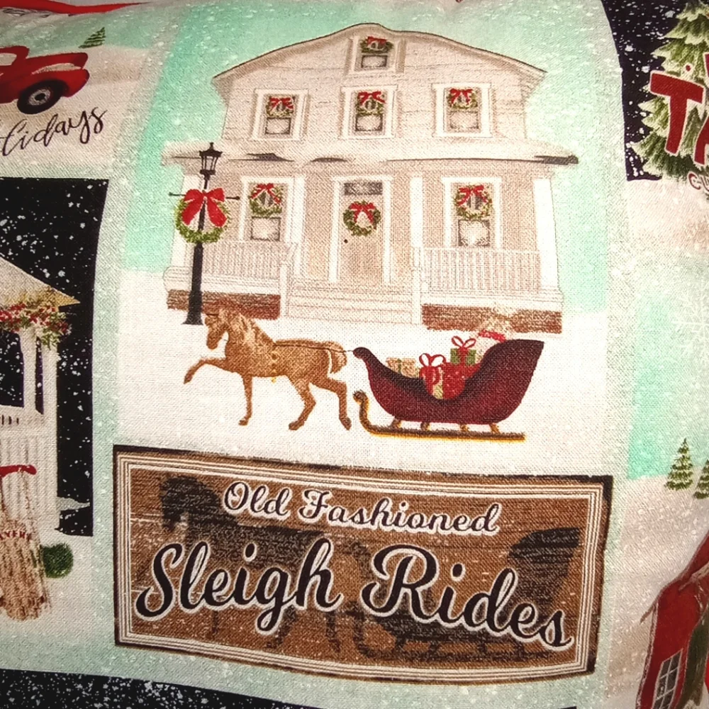 Christmas Red Truck Sleigh Village Pine Trees Snow Flakes Pillow 15